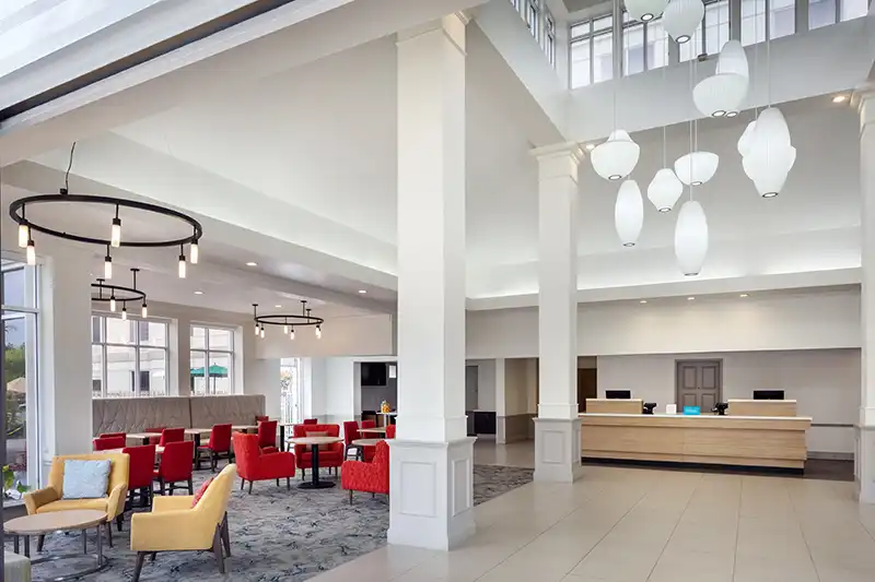 Hilton Garden Inn Arcadia Pasadena, CA lobby overview photography by Greg Ceo, photo edited by Valentin Sivyakov